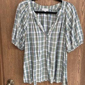 Lightweight plaid peasant style blouse